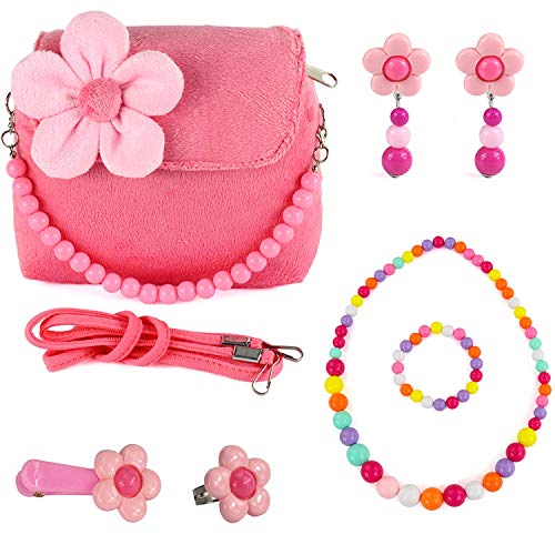 Product Cover CMK TRENDY KIDS Kids Plush Flower Handbag Set with Hair Clip + Necklace + Bracelet + Earrings + Ring Small Purse for Little Girls and Toddlers (82000_Pink)