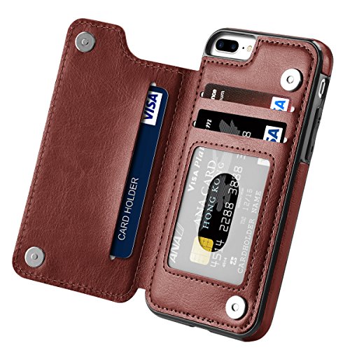 Product Cover iPhone 7 Plus Case, iPhone 8 Plus Case, Hoofur Slim Fit Premium Leather Wallet Casae Card Slots Shockproof Folio Flip Protective Defender Shell for Apple iPhone 7 Plus (5.5 Inch) (Brown)