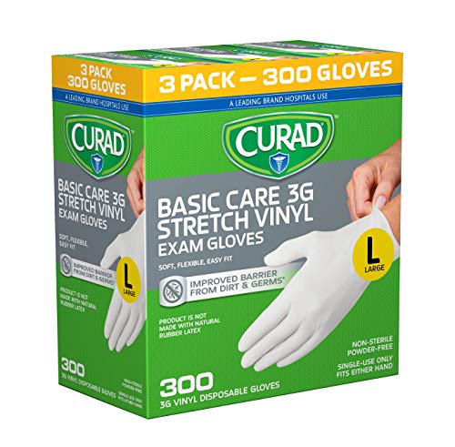 Product Cover Curad Disposable, Basic Care, 3G Stretch Vinyl, Exam Gloves - Latex Free, Medical Grade, Non-Sterile, Powder Free, Large, 100 Count (Pack of 3)