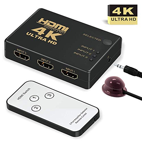 Product Cover HDMI Switch 4K, GANA Intelligent 3-Port HDMI Switcher, Splitter, Supports 4K, Full HD1080p, 3D with IR Remote