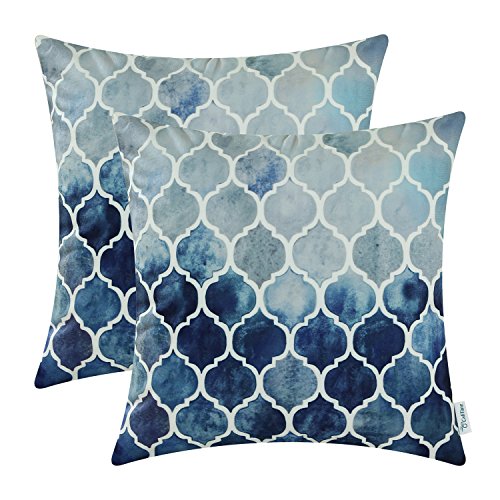 Product Cover CaliTime Pack of 2 Cozy Throw Pillow Cases Covers for Couch Bed Sofa Farmhouse Manual Hand Painted Colorful Geometric Trellis Chain Print 22 X 22 Inches Main Grey Navy Blue