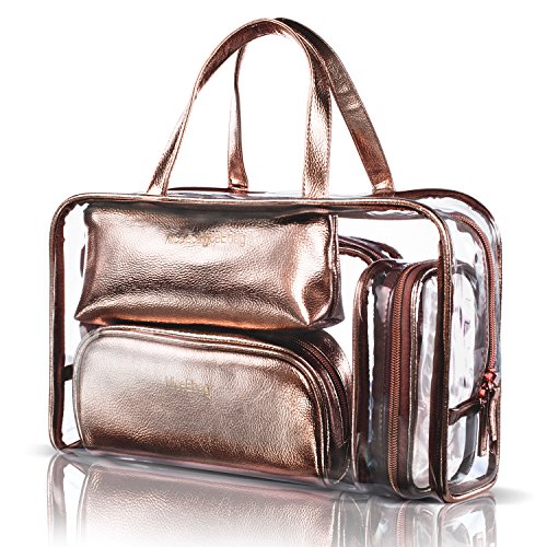 Product Cover NiceEbag 5 in 1 Cosmetic Bag & Case Portable Carry on Travel Toiletry Bag Clear PVC Makeup Quart Luggage Pouch Handbag Organizer for Men and Women (Rose Gold)