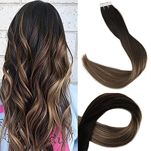 Product Cover Full Shine Ombre Tape In Hair Extensions Human Hair 16 Inch Glue In Extensions Hair Color 1B Fading To 6 and 27 Honey Blonde Balayage Hair 20 Pcs 50 Grams Per Package
