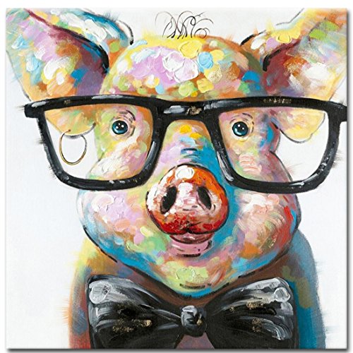Product Cover Muzagroo Art Cute Pig with Glasses Paintings for Living Room Hand Painted Paintings Stretched Ready to Hang(24x24in)