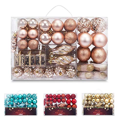 Product Cover AMS 72ct Christmas Ball Assorted Pendant Shatterproof Ball Ornament Set Seasonal Decorations with Reusable Hand-Help Gift Boxes Ideal for Xmas, Holiday and Party (72ct, Champagne)
