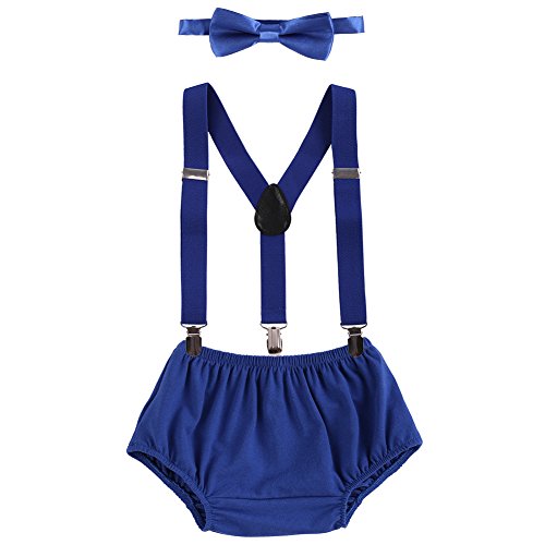 Product Cover Baby Boys Cake Smash Outfit First Birthday Bloomers Bowtie Suspenders Clothes set Royal Blue One Size