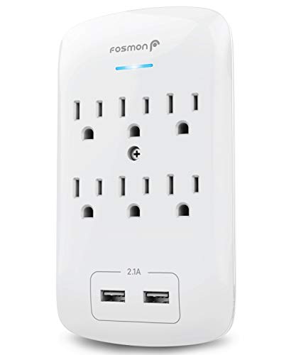 Product Cover Fosmon 6 Outlet Surge Protector with 2.1A Dual USB Ports Charger, Multi Plug Outlet Extender 1875 Watt, 3-Prong Grounded Wall Tap Splitter Adapter