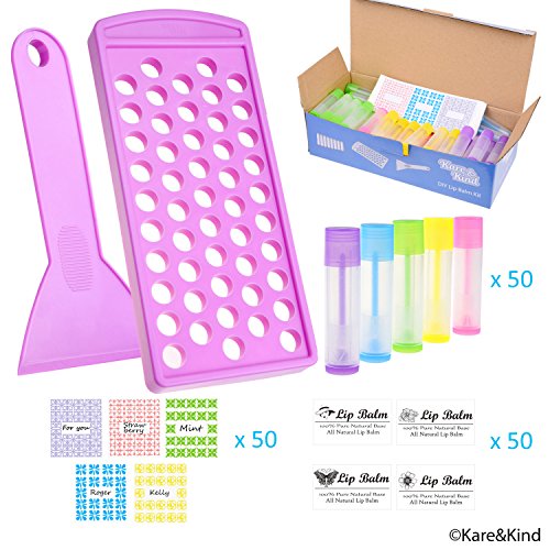 Product Cover Lip Balm Crafting Kit - Easy Lip Balm Filling Tray and Spatula - FDA Approved - BPA Free - 50 Empty Lip Balm Tubes with Caps (10x5 colors) - 3/16 Oz (5.5 ml) - 50 Writeable and 50 Printed Stickers - M