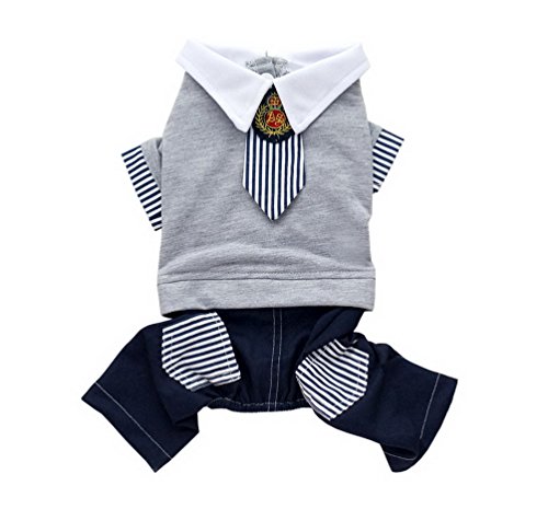 Product Cover SELMAI Pet Costume for Small Dog Boy Cute British School Uniform Stripe Tie Cat Jumpuit Puppy Grey Sweater Pants Outfit Denim Jeans with Pocket Soft Cotton Party Clothes XL