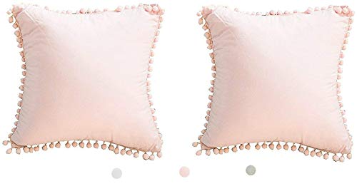 Product Cover Meaning4 Pom Poms Fringe Cotton Throw Pillow Covers Shabby Pink 18X18 inches(45x45 cm) Pack of 2 (Not Include Insert)