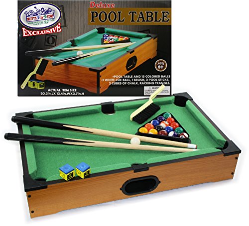 Product Cover Matty's Toy Stop Deluxe Wooden Mini Table Top Pool (Billiards) Table with 15 Colored Balls, 1 Cue Ball, 1 Brush, 2 Pool Sticks, 2 Cubes of Chalk & Racking Triangle