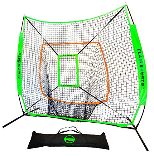 Product Cover Flair Sports Baseball & Softball Net for Hitting & Pitching - Heavy Duty 7x7 Pro Series - Indoor & Outdoor Training Net - Bow Frame - Bonus Strike Zone Included