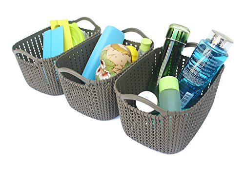 Product Cover Honla Weaving Rattan Plastic Storage Baskets Bins Organizer with Handles,Set of 3,Dark Gray