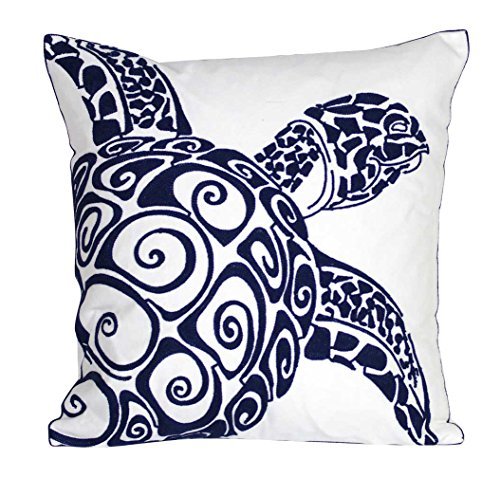 Product Cover DECOPOW Embroidered Cute Nautical Animal Pillow Covers,Square 18 inch Decorative Canvas Pillow Cover For Nautical Style Deco By (Navy-Sea turtle)