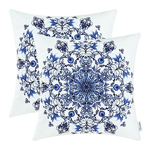 Product Cover CaliTime Pack of 2 Cozy Fleece Throw Pillow Cases Covers for Couch Bed Sofa Vintage Mandala Snowflake Floral 20 X 20 Inches Navy Blue