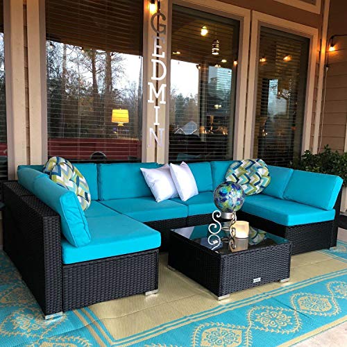 Product Cover Peach Tree 7 PCs Outdoor Patio PE Rattan Wicker Sofa Sectional Furniture Set with 2 Pillows and Tea Table