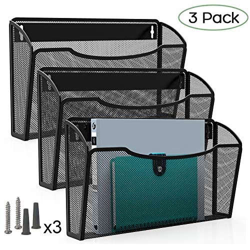 Product Cover MaxGear Mesh File Holder Wall Organizer 3 Pockets Hanging File Organizers Wall Mounted Paper Organizer Holders Wall Bins for Office and Home, Black