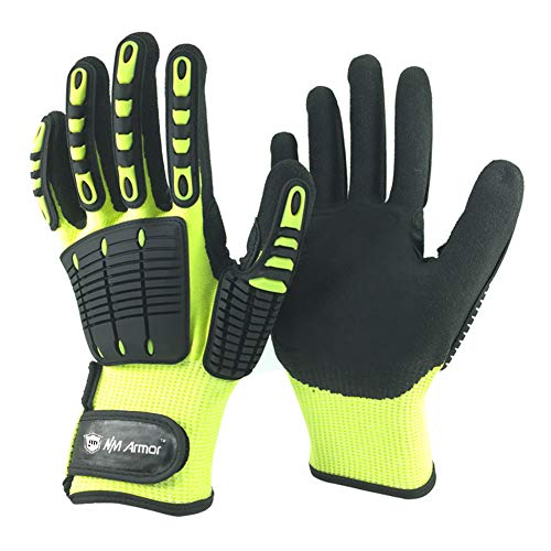 Product Cover Nmsafety Anti Vibration Oil-proof Cut Resistant Safety Work Glove,Full finger,Yellow Nylon+HPPE+Glassfirbe Seamless Knitted Liner With Sandy Nitrile Rubber Palm,Excellent Grip. (Large)