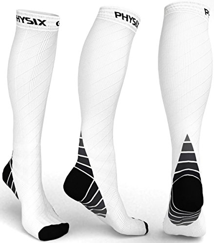 Product Cover Physix Gear Compression Socks for Men & Women 20-30 mmhg, Best Graduated Athletic Fit for Running Nurses Shin Splints Flight Travel & Maternity Pregnancy - Boost Stamina Circulation & Recovery WHT LXL