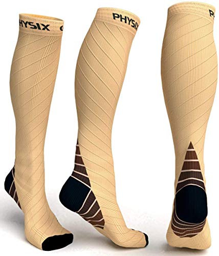 Product Cover Physix Gear Compression Socks for Men & Women 20-30 mmhg, Best Graduated Athletic Fit for Running Nurses Shin Splints Flight Travel & Maternity Pregnancy -Boost Stamina Circulation & Recovery NUDE S/M