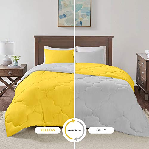 Product Cover Comfort Spaces Vixie 3 Piece Comforter Set All Season Reversible Goose Down Alternative Stitched Geometrical Pattern Bedding, Full/Queen, Yellow/Grey