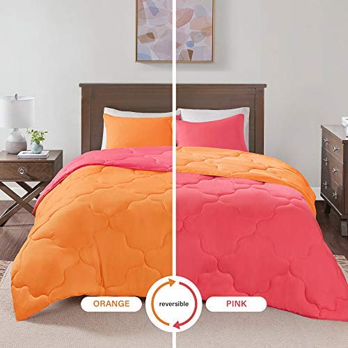 Product Cover Comfort Spaces Vixie 2 Piece Comforter Set All Season Reversible Goose Down Alternative Stitched Geometrical Pattern Bedding, Twin/Twin XL, Pink/Orange