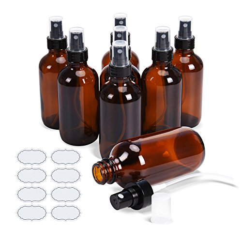 Product Cover Fine Mist Sprayers 8 Pack 4 oz Amber Glass Bottles ULG Empty Spray Atomizer for Essential Oils Aromatherapy Cosmetic Sprays Including 8 Piece Waterproof DIY Labels