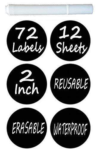 Product Cover Chalkboard Labels Pack of 72 Round Chalkboard Mason Jar Lid Canning Labels . Premium Labels for Glass Jars, Food Containers, Kitchen and Pantry Organizing (1.9 Inches Wide, free White Chalk Marker)