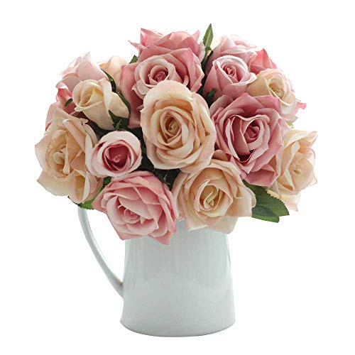 Product Cover CQURE Artificial Fake Flowers Silk Artificial Roses 9 Heads Bridal Wedding Bouquet for Home Garden Party Wedding Decoration (Pink Champagne) ...
