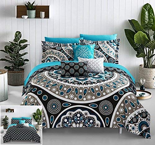 Product Cover Chic Home 10 Piece Mornington Large Scale Contempo Bohemian Reversible Printed with Embroidered Details. Queen Bed in a Bag Comforter Set Black