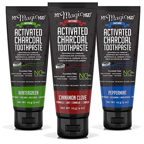 Product Cover My Magic Mud - Activated Charcoal Toothpaste Variety Pack, Natural, Whitening, Detoxifying, 4 oz, Peppermint, Wintergreen, Cinnamon Clove, (3-Pack)