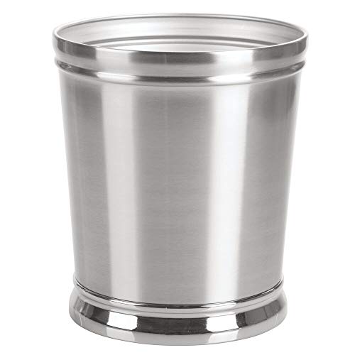 Product Cover mDesign Decorative Metal Round Small Trash Can Wastebasket, Garbage Container Bin - for Bathrooms, Powder Rooms, Kitchens, Home Offices - Durable Solid Steel, Non-Slip Base - Brushed/Chrome