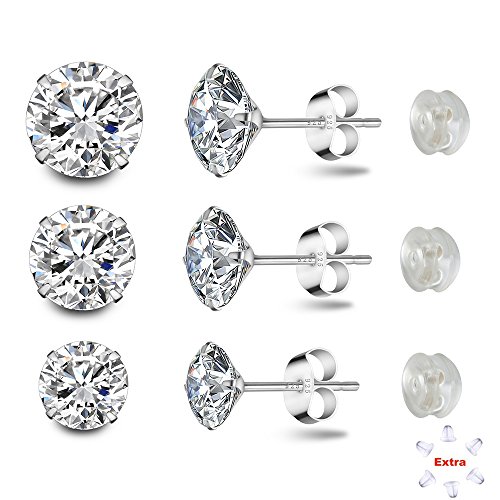 Product Cover Poplar 3 Sizes Sterling Silver Stud Earrings Spectacular Cubic Zirconia Set in 925 for Men, Women, Boys and Girls. Stones are 4mm, 5mm and 6mm
