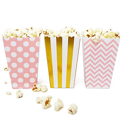 Product Cover Mini Popcorn & Candy Favor Boxes for Birthday, Bridal and Baby Shower, All Parties & Events in Polka Dot, Chevron, and Striped Assorted Designs, 36 Count (Pink, Gold)