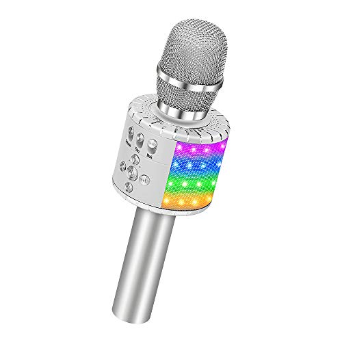 Product Cover BONAOK Wireless Bluetooth Karaoke Microphone with Multi-color LED Lights, 4 in 1 Portable Handheld Karaoke Speaker Machine Thanksgiving Day for Android/iPhone/iPad/Sony/PC or All Smartphone (Silver)