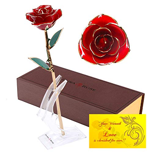 Product Cover DuraRose Authentic Rose with Stand and Love Card, Stem Dipped in 24k Gold - Best Gift for Loves Ones. Ideal for Valentine's Day, Mother's Day, Anniversary, Birthday, (Adorable Red)
