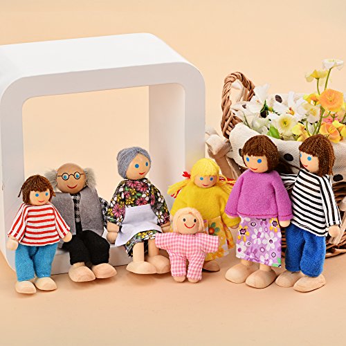 Product Cover Wooden Poseable Happy Doll Family of 7 People for Dollhouse (Happy Doll Familly)