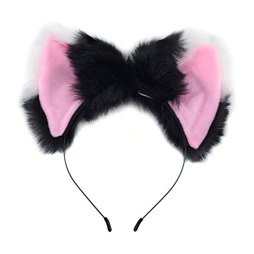 Product Cover Ears Headband Cat Fox Ears Hair Bands Anime Party Costume Kitty Cosplay Headband for Halloween or Kitten Theme Party Costume (White and Black-2)