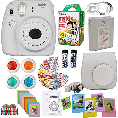 Product Cover Fujifilm Instax Mini 9 Instant Camera Smokey White + Fuji Instax Film Twin Pack (20PK) + Camera Case + Frames + Photo Album + 4 Color Filters and More Top Accessories Bundle