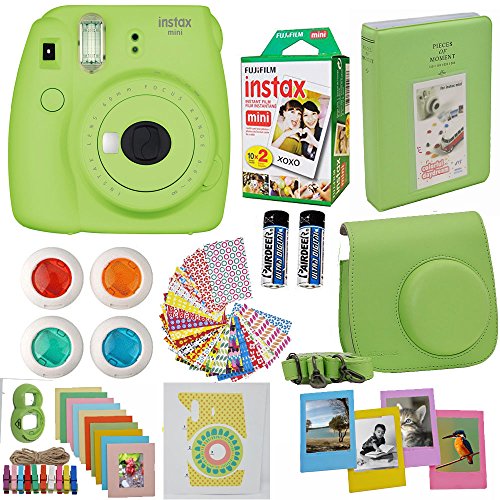 Product Cover Fujifilm Instax Mini 9 Instant Camera Lime Green + Fuji Instax Film Twin Pack (20PK) + Camera Case + Frames + Photo Album + 4 Color Filters and More Top Accessories Bundle