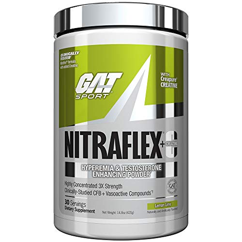 Product Cover GAT Sport NITRAFLEX + C,Testosterone Boosting Powder with Creatine, Increases Blood Flow, Builds Muscle Mass, Boosts Strength and Energy, Improves Exercise Performance (Lemon Lime, 30 Servings)