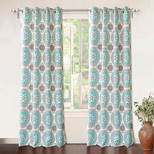 Product Cover DriftAway Bella Medallion and Floral Pattern Room Darkening and Thermal Insulated Grommet Window Curtains 2 Panels Each 52 Inch by 96 Inch Aqua and Gray