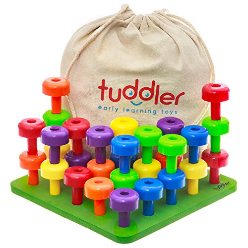 Product Cover Tuddler Toddler Peg Board Sensory Toys / Montessori Toys for Toddlers / Fine Motor Skills Toys / Educational Toys / 30 Pieces Stackable Pegs + Pattern Card + Drawstring Backpack + E-Book