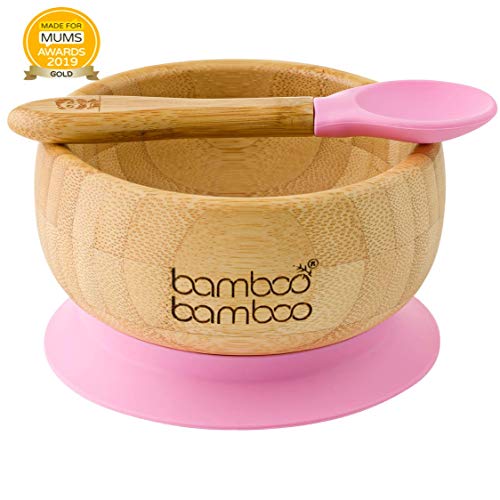 Product Cover Baby Suction Bowl and Matching Spoon Set, Suction Stay Put Feeding Bowl, Natural Bamboo (Pink)