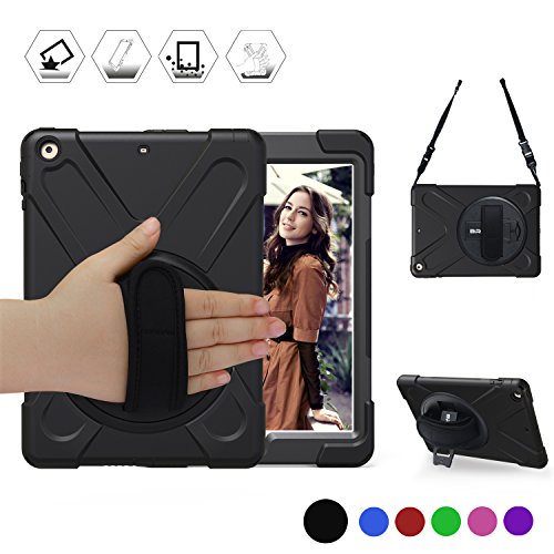 Product Cover BRAECN New iPad 6th & 5th Gen case 2018/2017,Three Layer Heavy Duty Soft Silicone Hard Bumper Case Built-in Stand+Hand Strap+Shoulder Strap Shockproof Durable Rugged Case for iPad 9.7 Case-Black