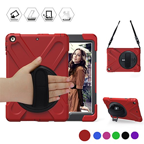 Product Cover BRAECN New iPad 2017/2018 9.7 inch Case, Heavy Duty Kickstand Shockproof Protective Case Cover for Apple New iPad 9.7 inch (2017/2018 Version) with a Hand Strap/a Shoulder Strap Red/Black