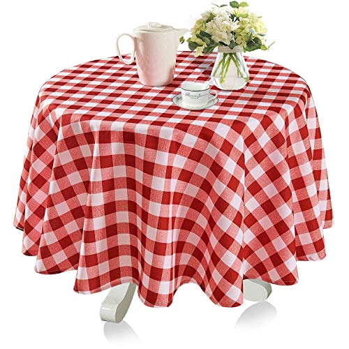 Product Cover YEMYHOM 100% Polyester Spillproof Christmas Tablecloth for Round Tables 60 Inch Indoor Outdoor Camping Picnic Holiday Circle Table Cloth (Red and White Checkered)