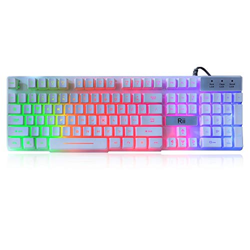 Product Cover Rii RK100+ White Gaming Keyboard,USB Wired Multiple Colors Rainbow LED Backlit Large Size Mechanical Feeling Ultra-Slim Multimedia Keyboard Non-Slip for Gaming and Working
