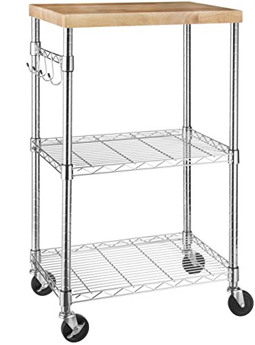 Product Cover AmazonBasics Kitchen Rolling Microwave Cart on Wheels, Storage Rack, Wood/Chrome