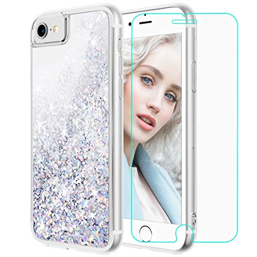 Product Cover Maxdara iPhone 8 Case, iPhone 7 Glitter Liquid Women Case Tempered Glass Screen Protector Floating Bling Sparkle Luxury Pretty Protective Girls Case for iPhone 6 6s 7 8 4.7 inches (Silver)